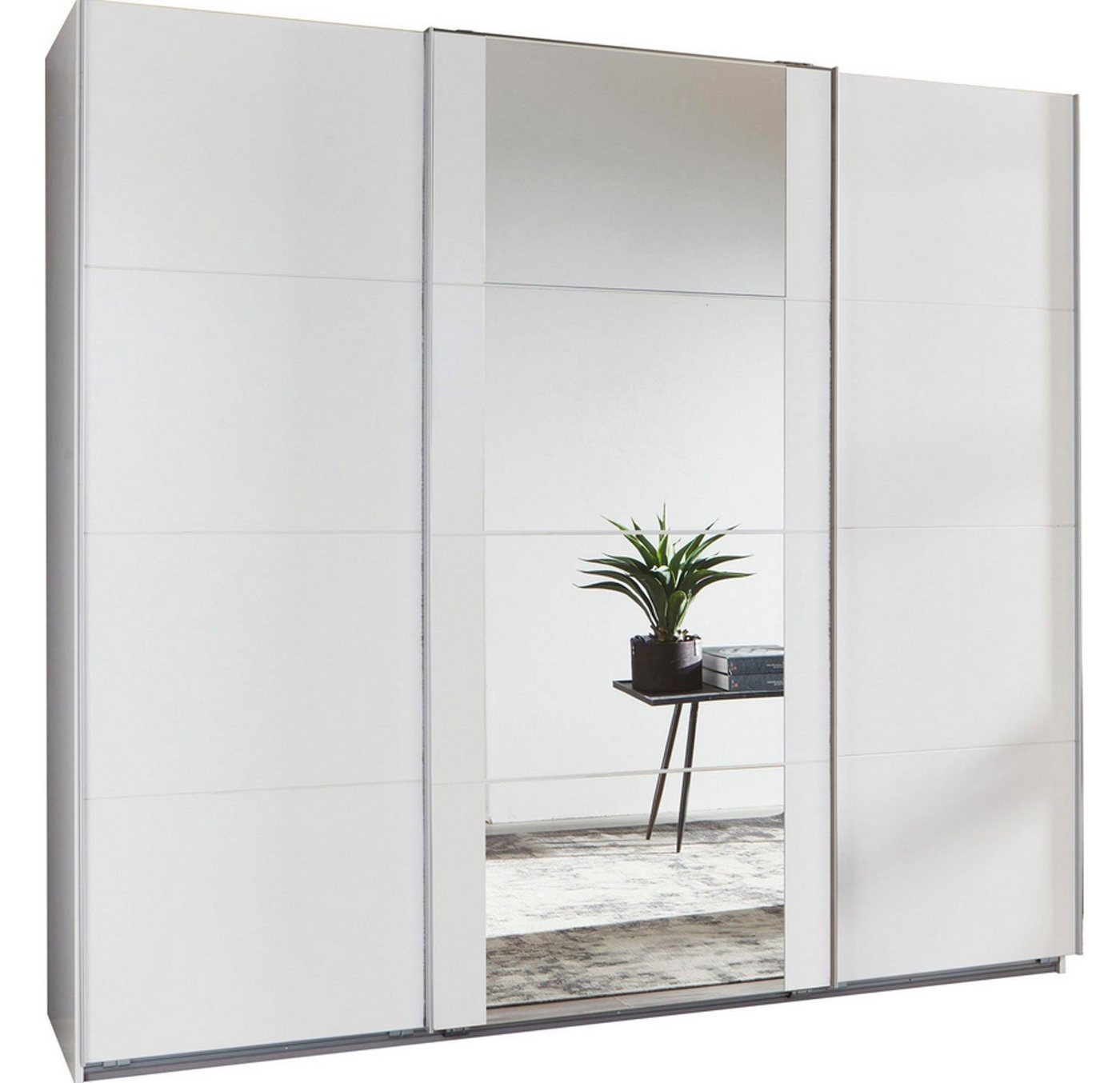 Wimex Schwebetürenschrank Bern (3 Türen, Einlegeböden, Kleiderstangen, Spiegel, 1-St., moderne Optik, Metallgriffleisten, mit Spiegel) 225x64x210cm weiß Spiegel 3-türig