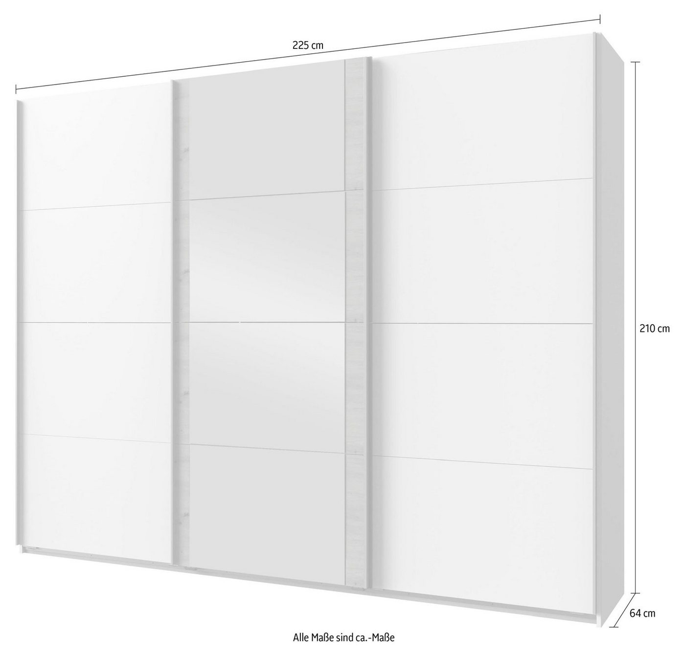Wimex Schwebetürenschrank Bern (3 Türen, Einlegeböden, Kleiderstangen, Spiegel, 1-St., moderne Optik, Metallgriffleisten, mit Spiegel) 225x64x210cm weiß Spiegel 3-türig Bild 4