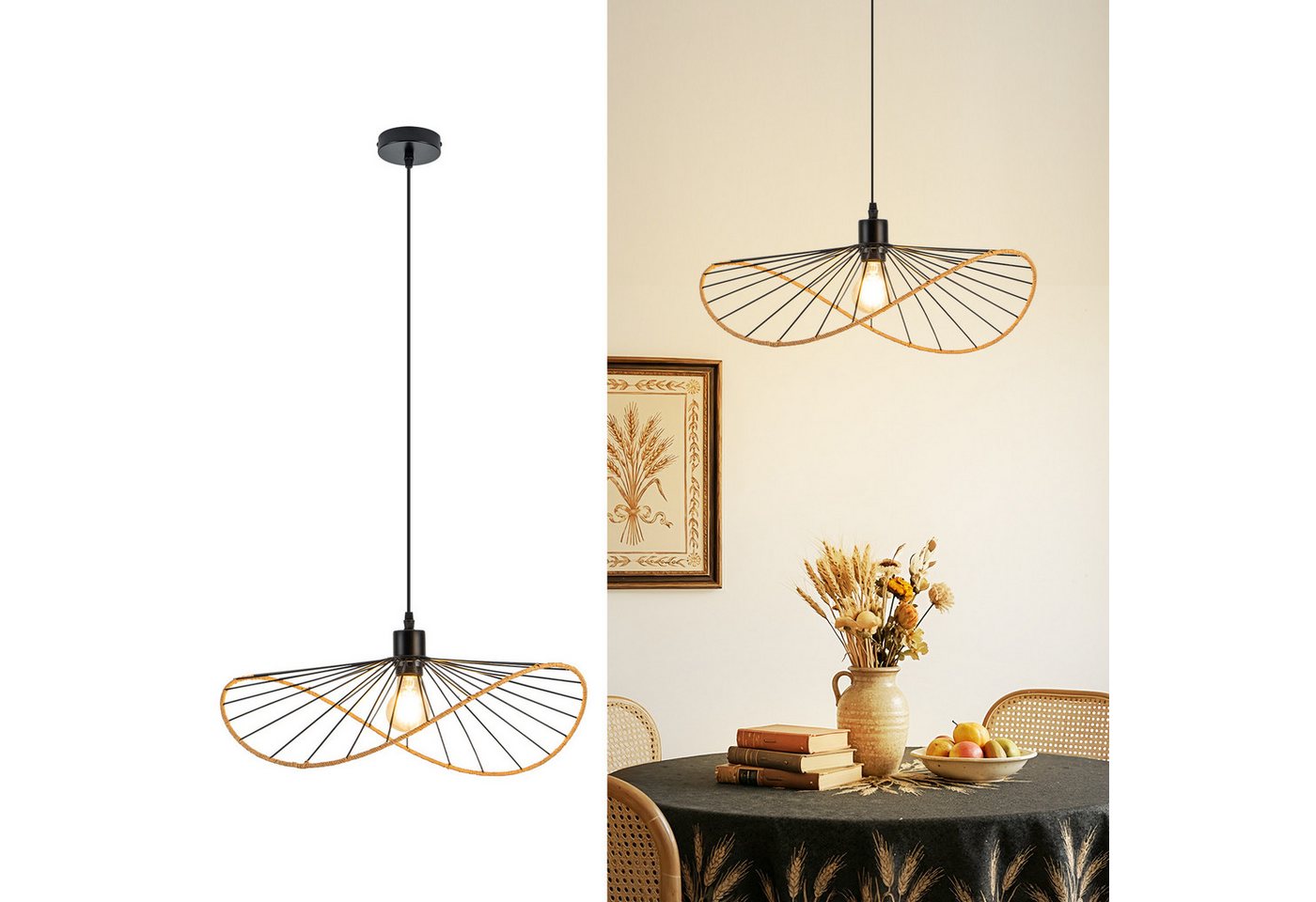 ZMH Pendelleuchte Schwarz Esstisch Hängelampe E27 Retro Wohnzimmerlampe Boho Ø 50cm, ohne Leuchtmittel, Deckenlampe, E27, Hängeleuchte, Hängelampe
