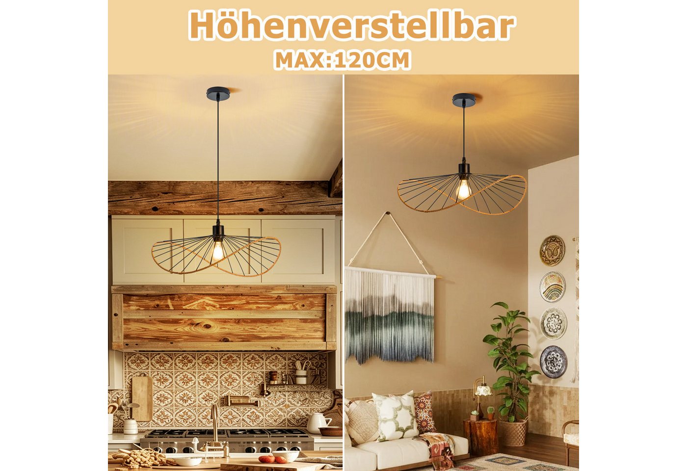 ZMH Pendelleuchte Schwarz Esstisch Hängelampe E27 Retro Wohnzimmerlampe Boho Ø 50cm, ohne Leuchtmittel, Deckenlampe, E27, Hängeleuchte, Hängelampe Bild 2