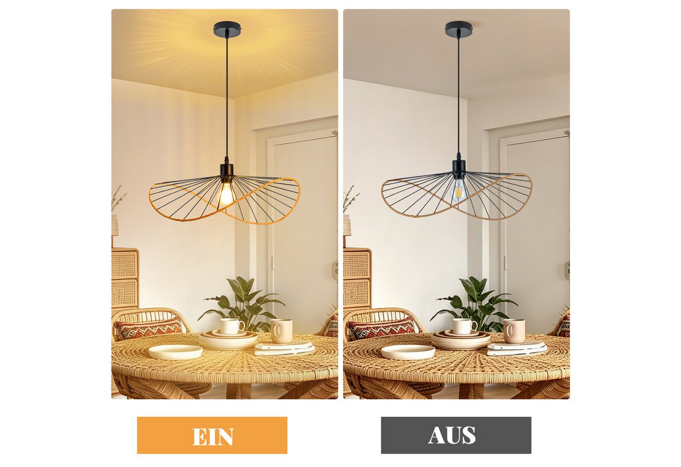 ZMH Pendelleuchte Schwarz Esstisch Hängelampe E27 Retro Wohnzimmerlampe Boho Ø 50cm, ohne Leuchtmittel, Deckenlampe, E27, Hängeleuchte, Hängelampe Bild 4