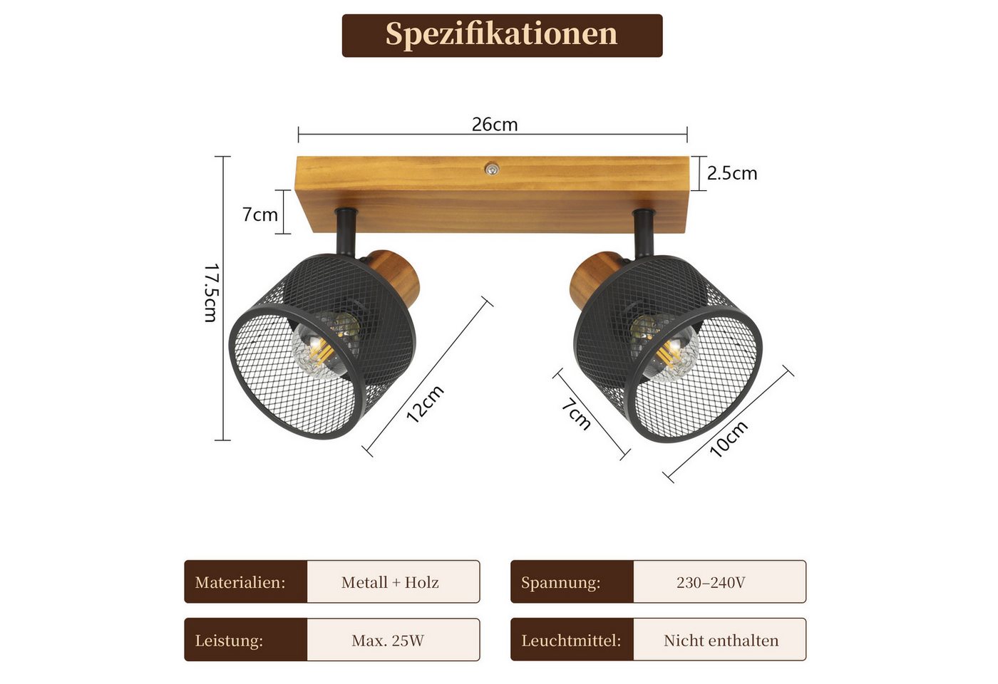 ZMH Deckenstrahler Vintage Schwarz Spots 1/2/3/4 Flammig Metall Deckenlampe, E14(ohne Leuchtmittel), ohne Leuchtmittel, 2 Flammig Deckenleuchte Flur aus Holz Strahler Wandstrahler Schwenkbar Bild 2