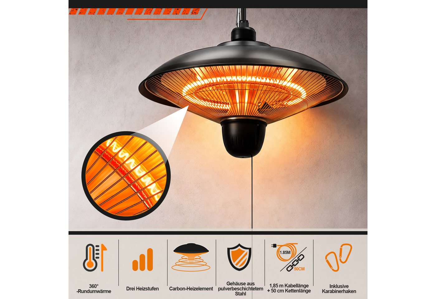 Clanmacy Terrassenstrahler Heizstrahler Decke Kohlefaser 600/1200/1800W mit Zugschalter IP55 Bild 4