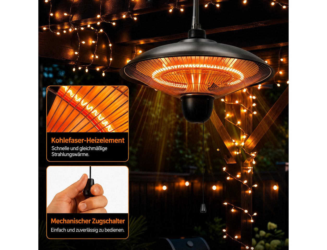Clanmacy Terrassenstrahler Heizstrahler Decke Kohlefaser 600/1200/1800W mit Zugschalter IP55 Bild 5