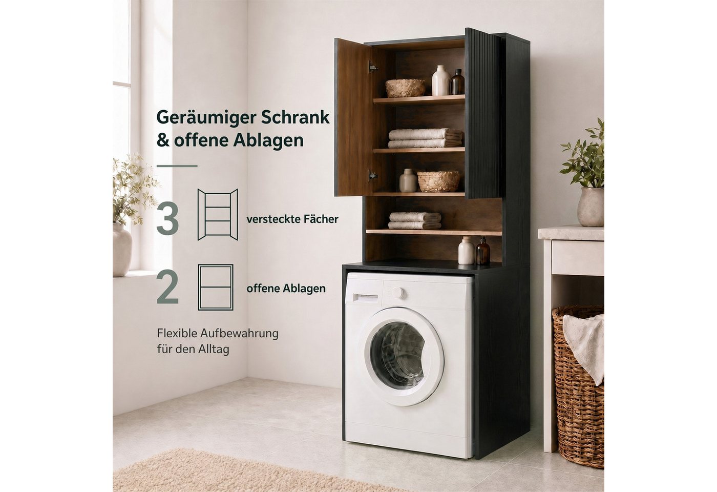 UEV Waschmaschinenumbauschrank Waschmaschinenschrank mit 2 offen Ablagen & Verstellbaren Ablagen (Waschmaschinenüberbau, Umbauschrank) Überbauschrank für Waschmaschine Breite 68cm Bild 4