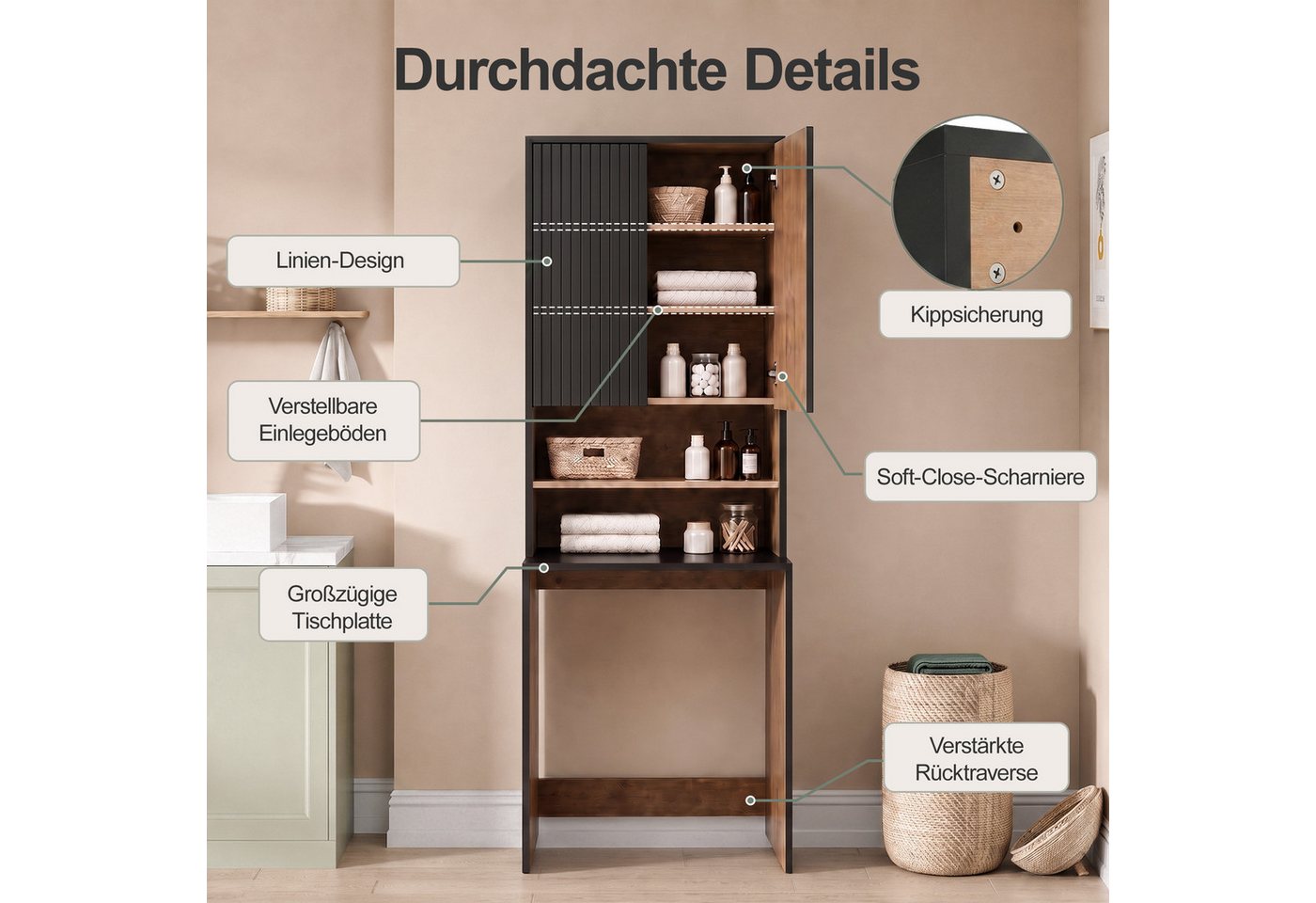 UEV Waschmaschinenumbauschrank Waschmaschinenschrank mit 2 offen Ablagen & Verstellbaren Ablagen (Waschmaschinenüberbau, Umbauschrank) Überbauschrank für Waschmaschine Breite 68cm Bild 5