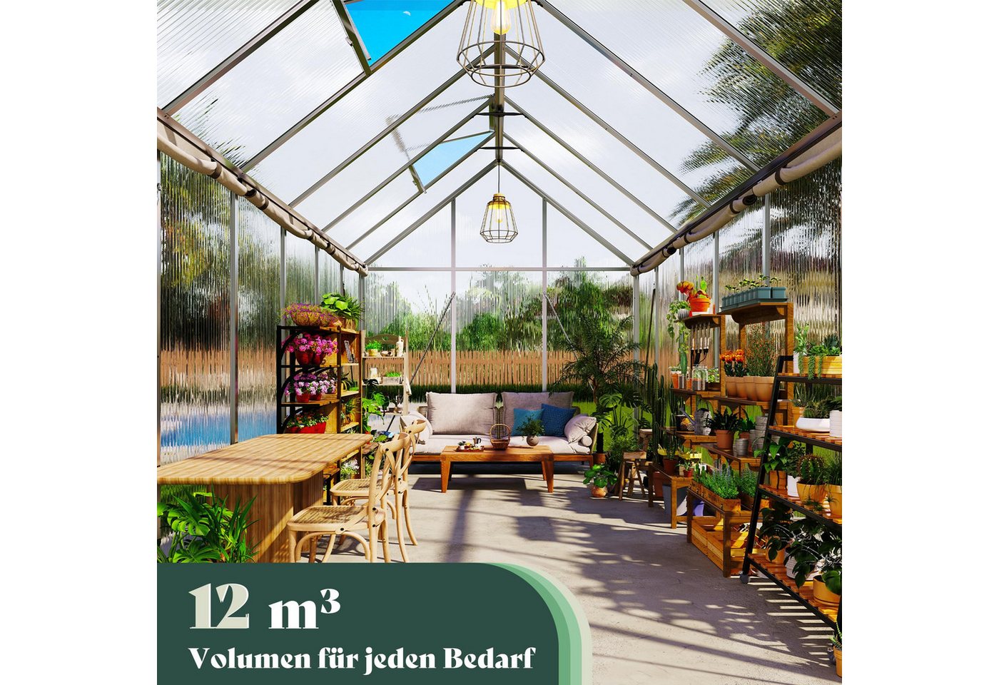 AMERLIFE Gewächshaus mit Schnellmontage & Aluminiumrahmen, 2 Belüftungsfenster, BxTxH: 362.5 x 181 x 195 cm, 181×362,5×195 cm, 12 m³ Volumen, UV-beständig & wetterfest