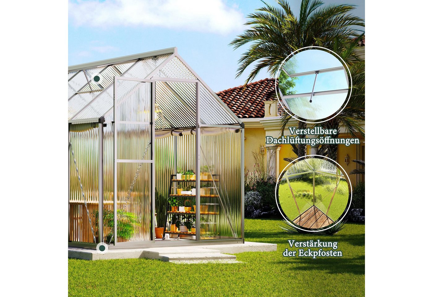 AMERLIFE Gewächshaus mit Schnellmontage & Aluminiumrahmen, 2 Belüftungsfenster, BxTxH: 362.5 x 181 x 195 cm, 181×362,5×195 cm, 12 m³ Volumen, UV-beständig & wetterfest Bild 3
