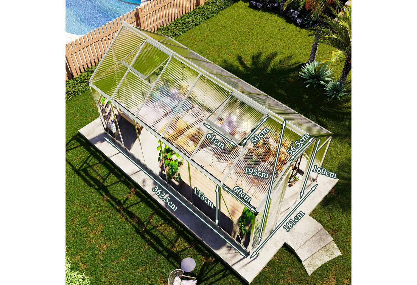 AMERLIFE Gewächshaus mit Schnellmontage & Aluminiumrahmen, 2 Belüftungsfenster, BxTxH: 362.5 x 181 x 195 cm, 181×362,5×195 cm, 12 m³ Volumen, UV-beständig & wetterfest Bild 5