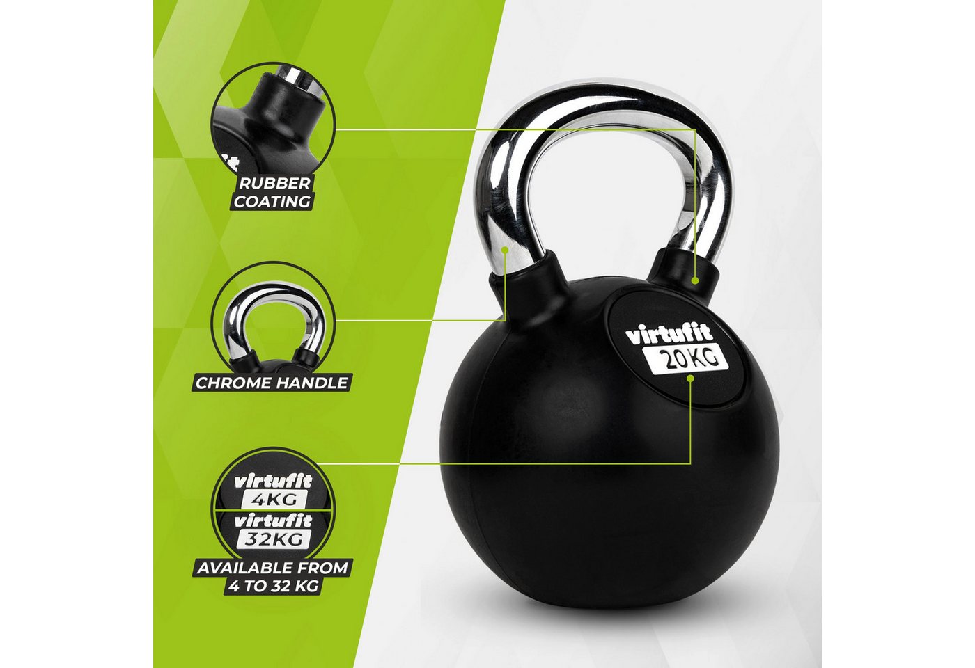 VirtuFit Kettlebell VirtuFit Kettlebell Pro 20 kg aus Gusseisen mit Gummi, Griff verchromt Bild 2