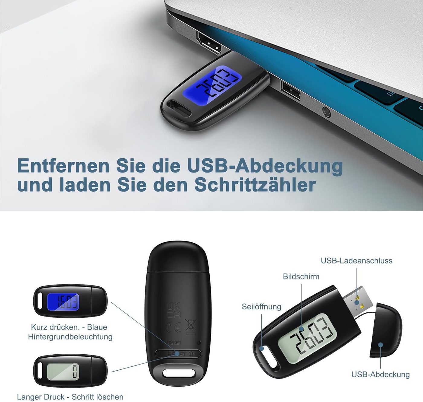 Coonoor Schrittzähler USB Aufladbarer 3D Pedometer, Großes Display, Einfacher Schrittzähler ohne App, Präzise Verfolgung Ihrer Schritte Bild 2
