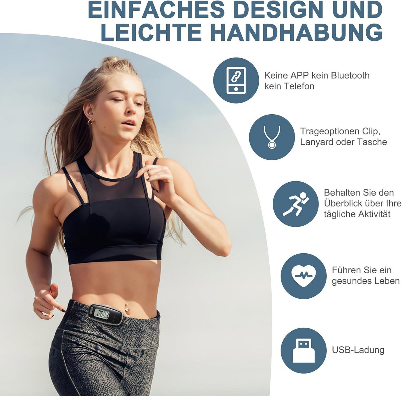 Coonoor Schrittzähler USB Aufladbarer 3D Pedometer, Großes Display, Einfacher Schrittzähler ohne App, Präzise Verfolgung Ihrer Schritte Bild 3