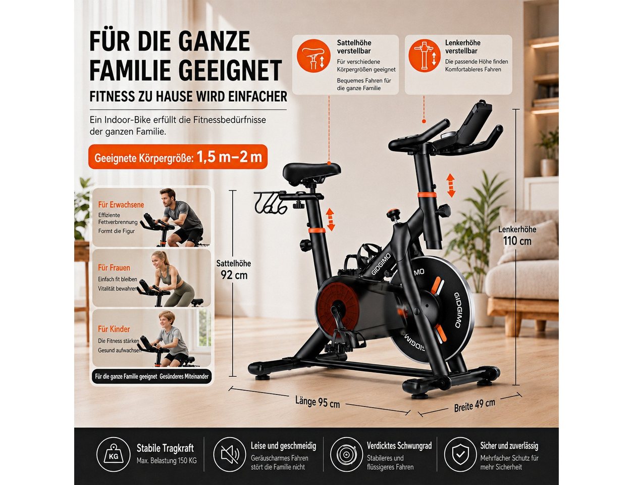 GIDGIMO Heimtrainer Heimtrainer Fahrrad mit LED-Display & Herzfrequenzsensor, 100 Stufen, App-Kompatibilität & stabilem TITAN-Rahmen für Zuhause Bild 2