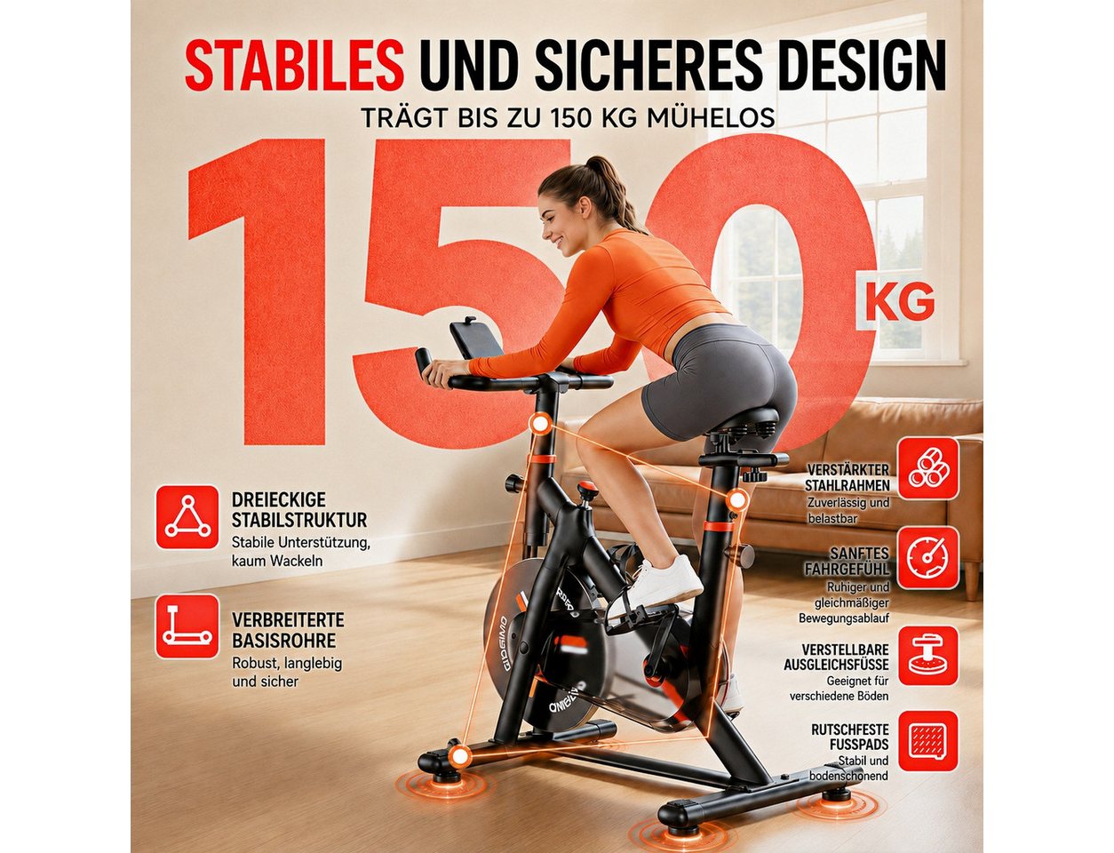 GIDGIMO Heimtrainer Heimtrainer Fahrrad mit LED-Display & Herzfrequenzsensor, 100 Stufen, App-Kompatibilität & stabilem TITAN-Rahmen für Zuhause Bild 4
