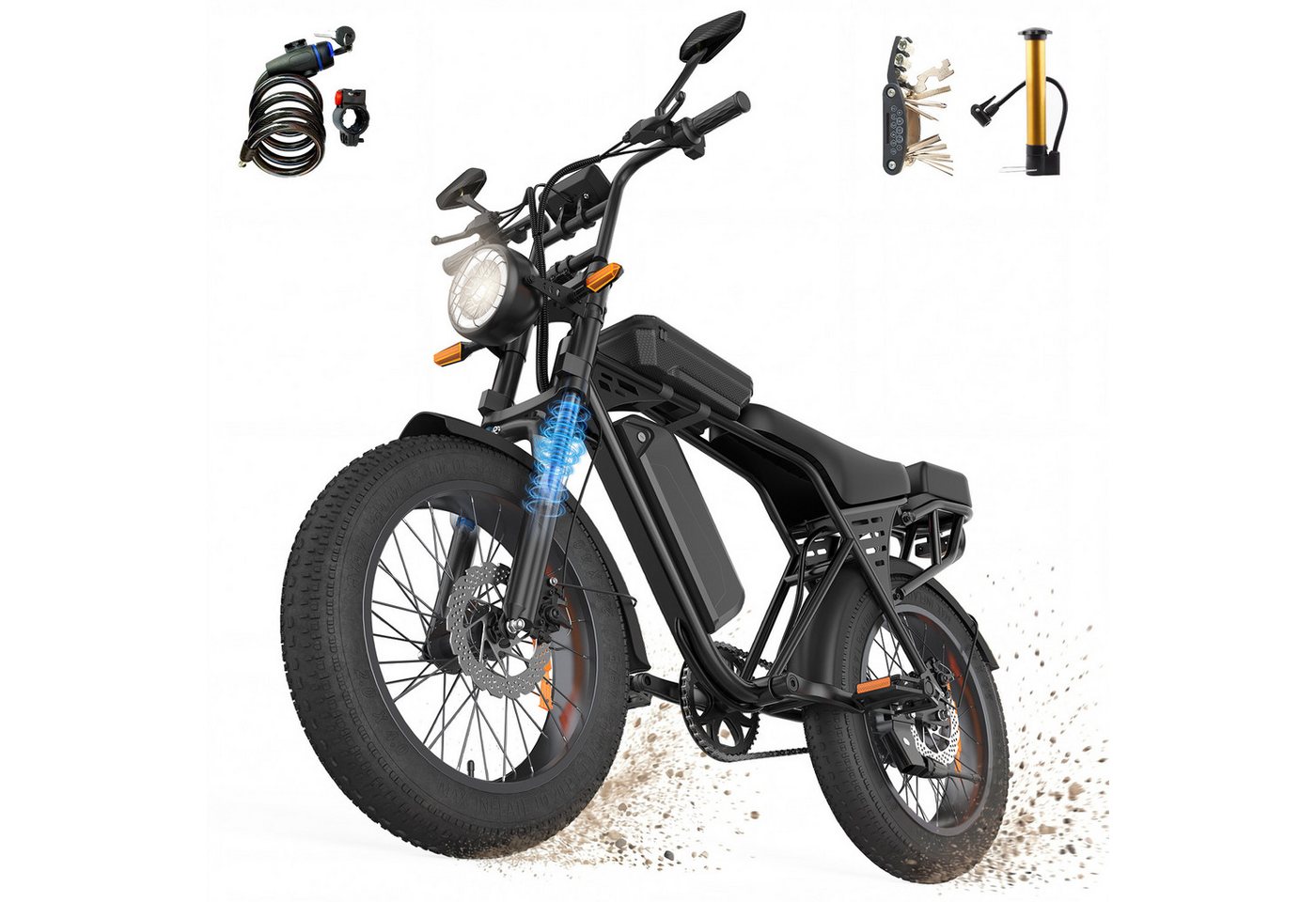 PixelPilot E-Bike Mountainbike X5 20 Zoll Fatbike 48 V 15 Ah Akku Elektrofahrrad und 4,0 Zoll Reifen, 1 Gang, Heckmotor, 720 Wh, (Packung) Bild 5