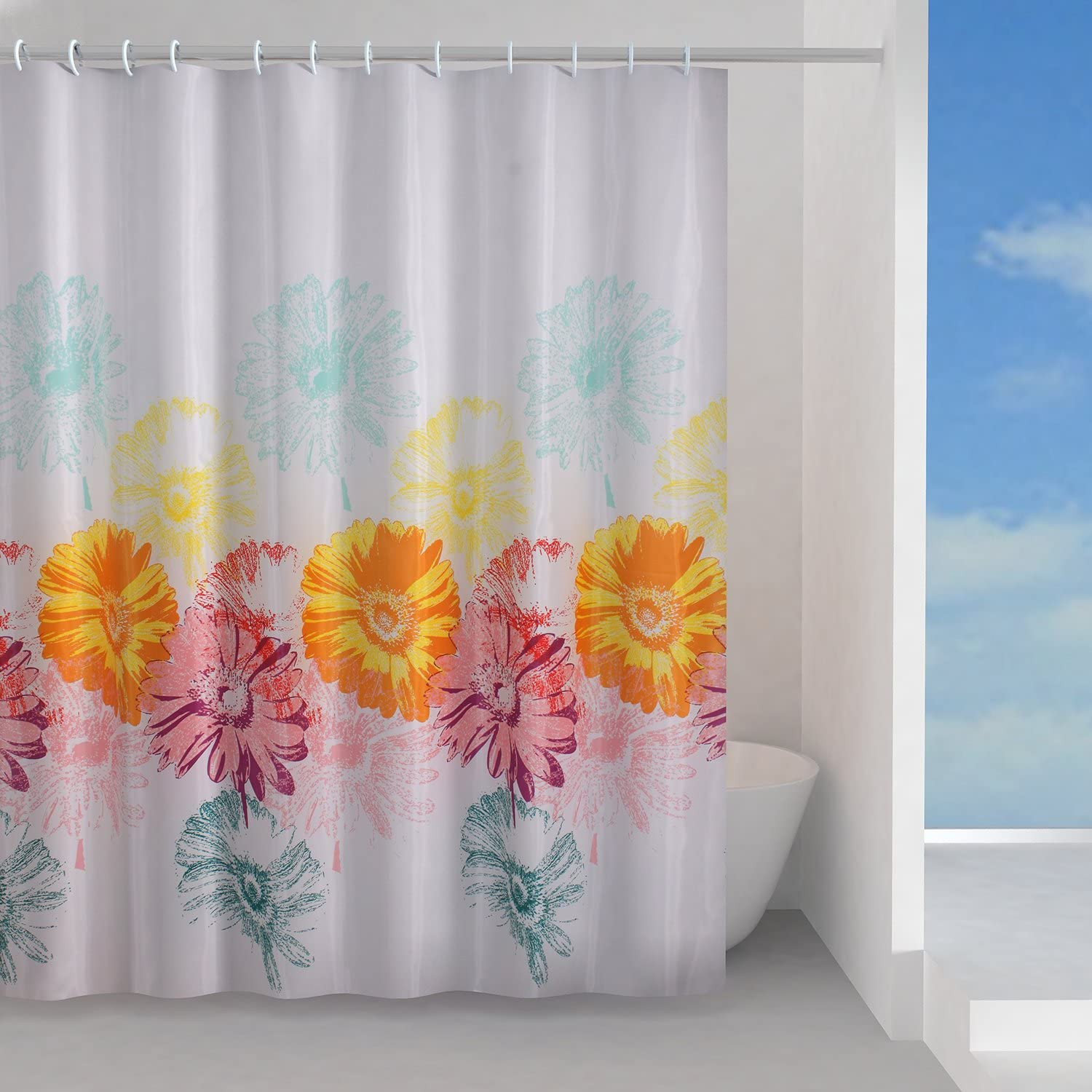 Gedy Frenesia Duschvorhang Aus Polyestergewebe Mit Rosa, Gelbem Und Türkisfarbenem Blumenmuster, 180 X 200 Cm