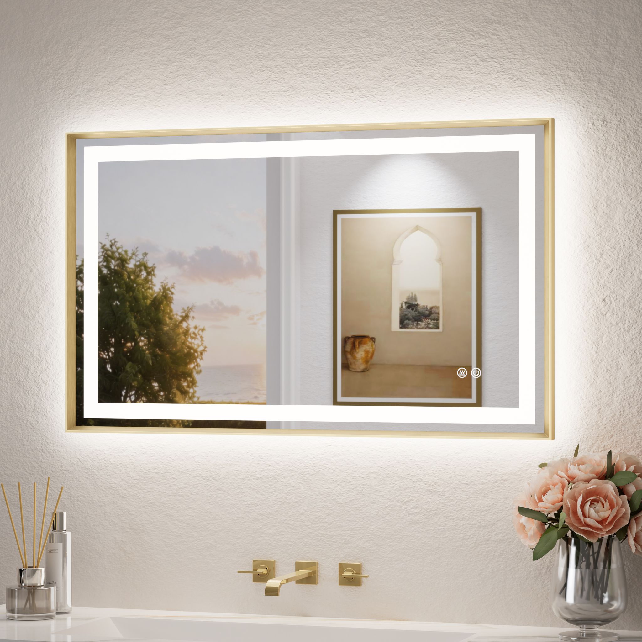 Keonjinn Badspiegel Mit Beleuchtung, 100x60cm Gold Front- Und Rücklicht Led Spiegel Bad Mit Alurahmen 3 Lichtfarben Dimmbar, Badezimmerspiegel Antibeschlag, Gehärtetes Glas, Memory, Ip44