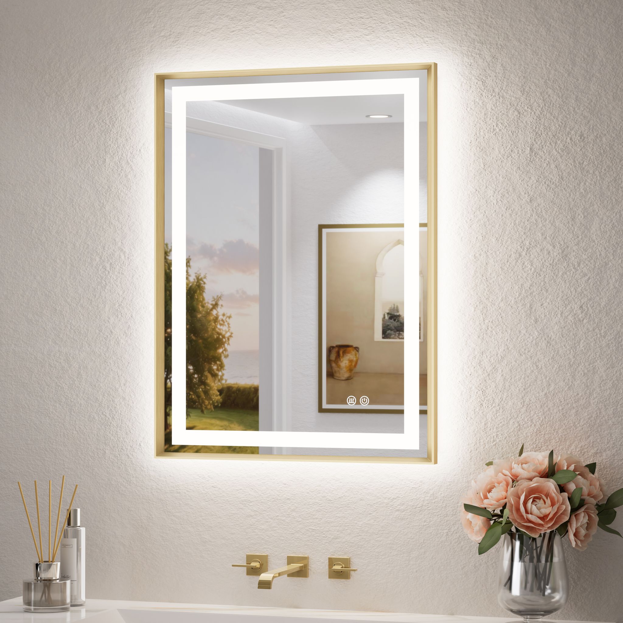 Keonjinn Badspiegel Mit Beleuchtung, 60x80cm Gold Front- Und Rücklicht Led Spiegel Bad Mit Alurahmen 3 Lichtfarben Dimmbar, Badezimmerspiegel Antibeschlag, Gehärtetes Glas, Memory, Ip44