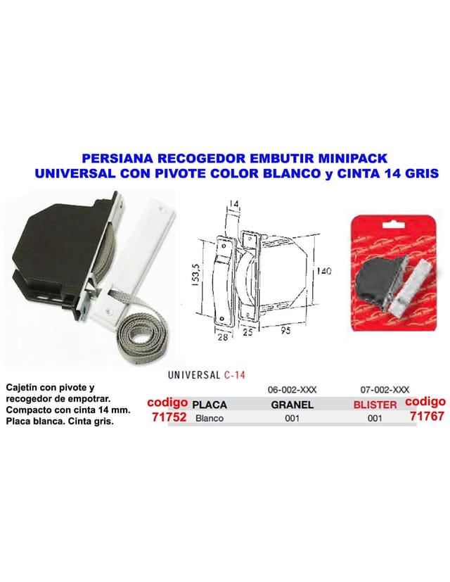 Teicocil - Weißes Kehrschaufelrollo mit 14 mm grauem Klebeband 06002001