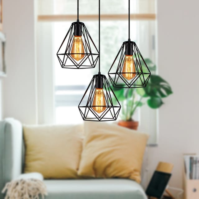 Pendelleuchte Vintage, 3 Flammig Metall Scheibenleuchter Im Retro Look, Ø20cm Diamant Hängelampe Mit Ø20cm Käfig E27 Fassung (schwarz)