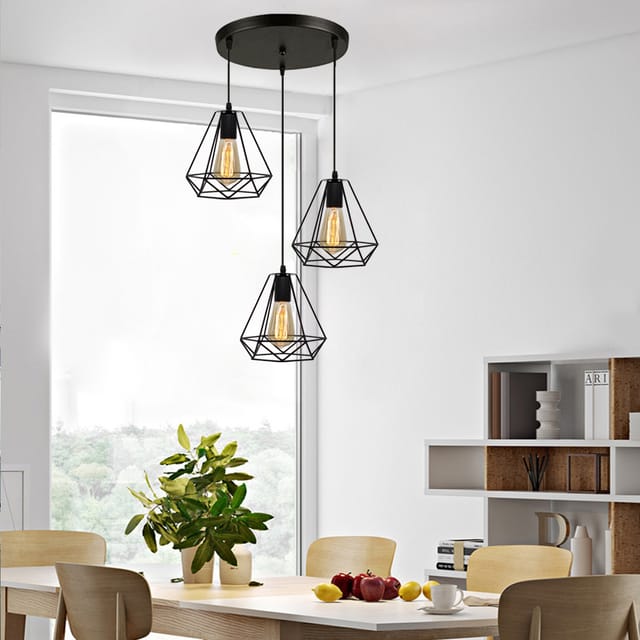 Pendelleuchte, Ø20cm Diamant Form Hängelampe, Kronleuchter mit Metall Käfig für Wohnzimmer Schlafzimmer Esszimmer Küche Schwarz - 3 Flammig mit