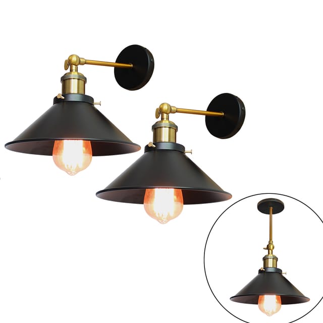 2 Stück Wandleuchte Im Vintage-stil, Industri 240° Verstellbare Wandlampe, Wandstrahler Licht Mit Ø22cm Lampenschirm Für Wohnzimmer Schlafzimmer (schwarz)