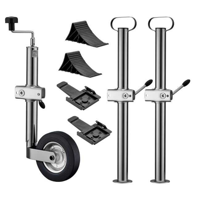 Wiltec - Anhänger Set 10-teilig, Stützrad bis 362 kg Traglast mit Klemmhaltern, Stützen & Unterlegkeilen