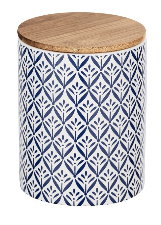 Aufbewahrungsdose Lorca 0,95 l, Keramikdose im mediterranen Ornamenten-Muster in Blau-Weiß, Blau, Keramik mehrfarbig, Bambus braun, Silikon