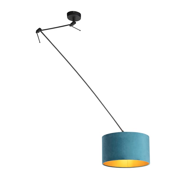 Hängelampe mit Veloursschirm blau mit Gold 35 cm - Blitz i schwarz