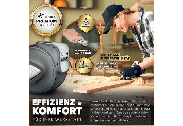 TRESKO® Druckluftschlauch 30m Aufroller Automatik Schlauchtrommel 1/4" Trommel Schlauch