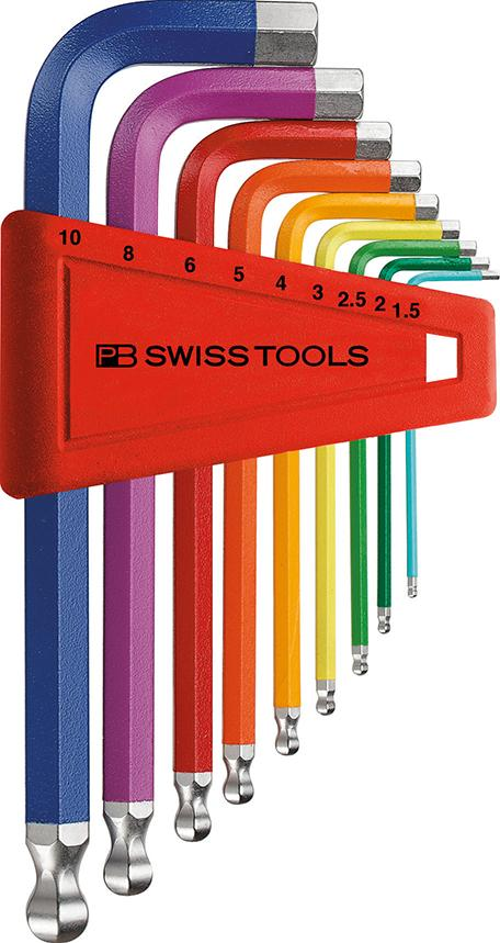 Pb Swiss Tools - Winkelschraubendreher- Satz im Kunststoffhalter 9-teilig 1,5-10mm Rainbow Kugelk