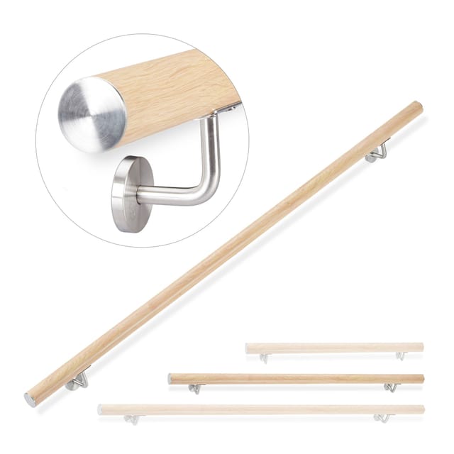 Handlauf Aluminium, rund, Treppengeländer innen, außen, Buche-Optik, 150 cm, ø 42mm, mit Wandhalterung, natur - Relaxdays