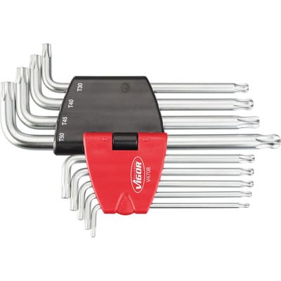 T Winkelschraubendreher Satz ∙ lang ∙ Kugelkopf ∙ V4708 ∙ Innen torx® Profil ∙ 9-teilig ∙ T10 · T15 · T20 · T25 · T27 · T30 · T40 · T45 · T50 ∙