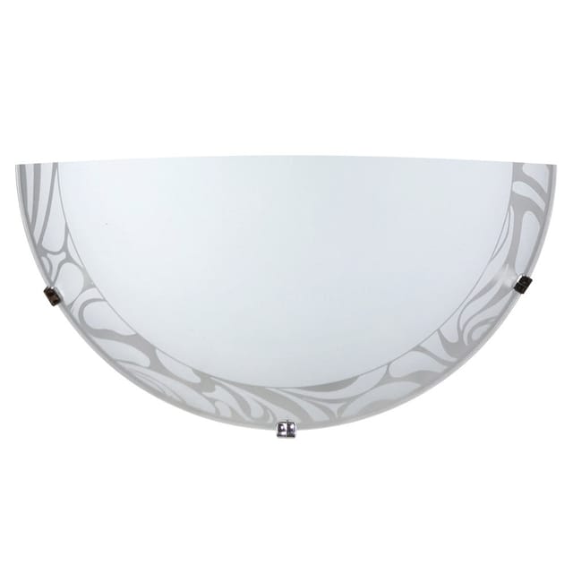 Elegante Chrom-Wandleuchte mit dekoriertem Glas und weißer Platte, ausgestattet mit Haken zur Montage, geeignet für die Aufnahme einer E27-Glühbirne.