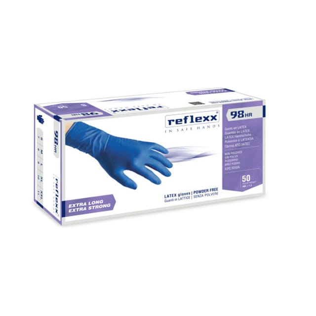 R98 Chlorierte, puderfreie Latexhandschuhe 18,5gr Kat.3 Blau 50 Stück s - Reflexx