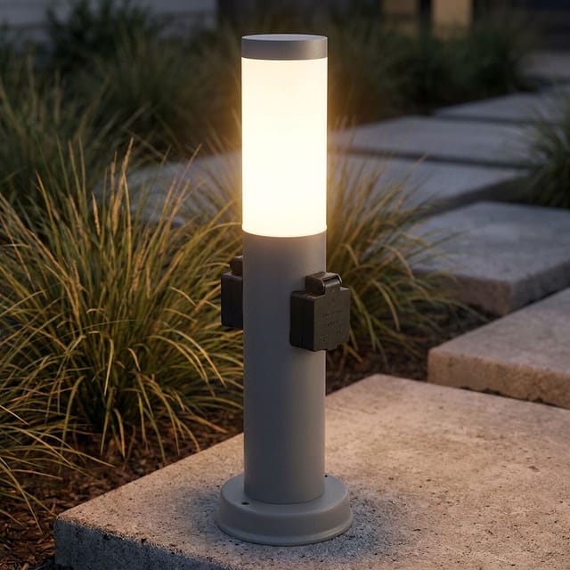 Led Sockelleuchte Außen Edelstahl mit 2 Steckdosen Wegeleuchte Außenstehlampe anthrazit, 11W 1055lm warmweiß, DxH 12,7x45 cm