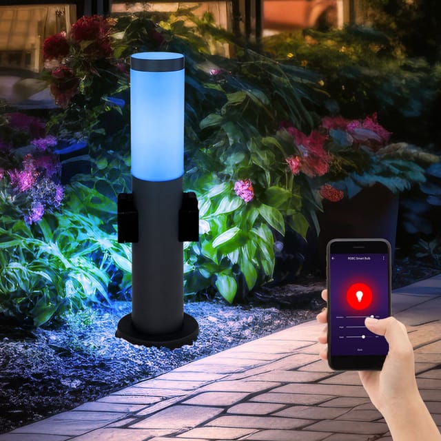 Smart Außen Steh Lampe Garten Steckdosen Sockel Leuchte dimmbar App Handy Steuerung im Set inkl. rgb led Leuchtmittel
