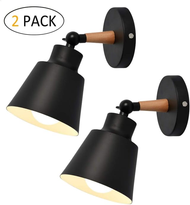 2 Stück E27 Wandleuchte Innen Schwarz, Wandlampe Holz Vintage Verstellbare für Wohnzimmer Schlafzimmer Küche , Ohne Leuchtmittel