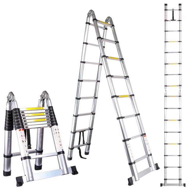 Teleskopleiter 5,0m (2,5m + 2,5m), Mehrzweckleiter Aluminium-Klappleiter 150 Kg Belastung, Silber