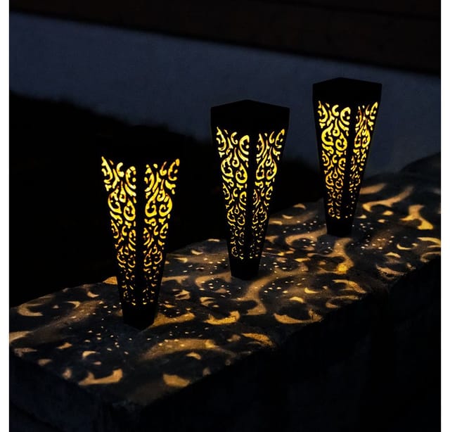 3er Set LED Solar Steck Leuchten Außen Erdspieß Garten Strahler Terrassen Lampen schwarz-gold
