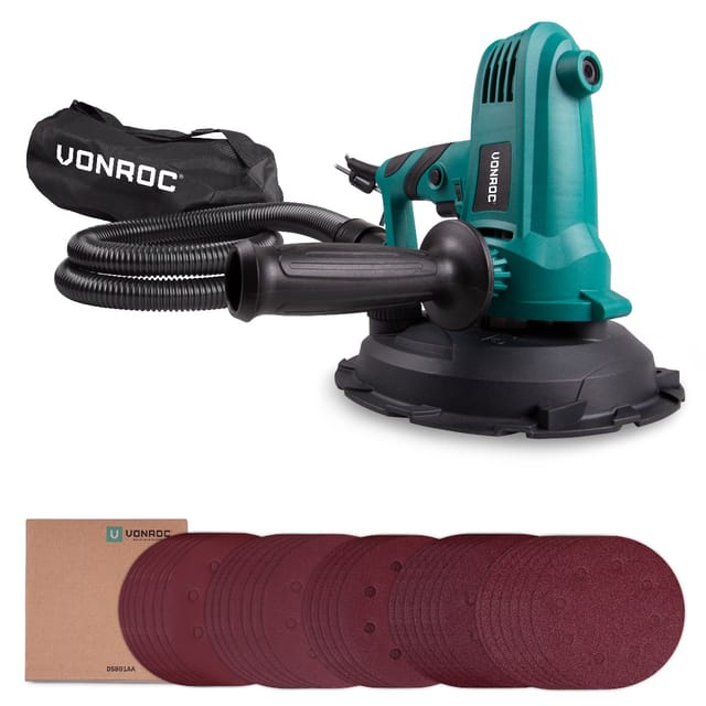 Vonroc - Trockenbauschleifer 750W - Ø180MM - Wand und Decke - Inkl. Schlauch, Staubsaugerbeutel und 33 St. Schleifpapier