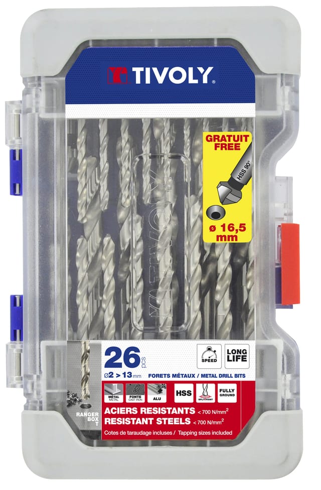 Finish - Tivoly • Ranger-Box-Set mit 26 Teilen – 25 HSS-Metallbohrer, geschnitten und geschliffen, Kreuzspitze ø 2 bis 13 mm + 1 HSS-Senker ø 16,5 mm