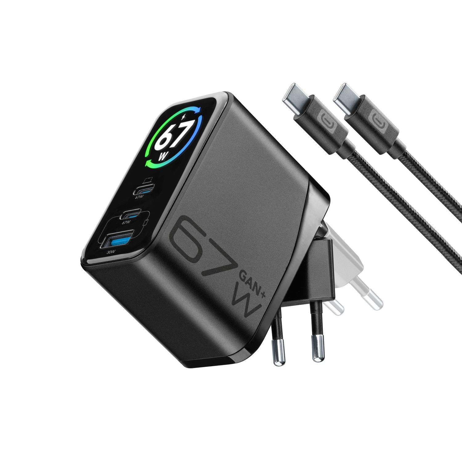Cellularline Powerview Iq Kit Ach 67w 67w Netzladegerät-kit Mit Smartem Tft-display, Klappbarem Stecker Und Gan+ Technologie. Inklusive 150 Cm Usb-c Kabel Für Sofortiges Und Vollständiges Laden.