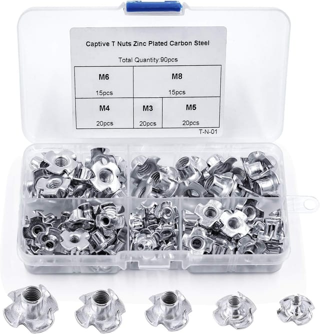 Rnemitery - 90 Stück T-Nut, Vierkantmuttern aus Kohlenstoffstahl, M3/M4/M5/M6/M8, für Holzbearbeitung und Möbelbau, T-Nut-Einsätze aus