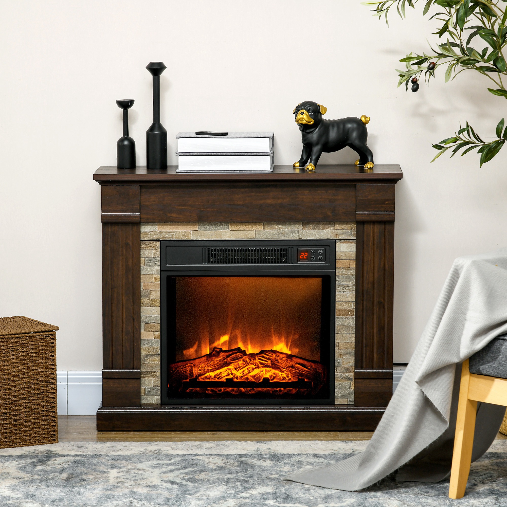 Elektrischer Kaminofen Mit 1800 W Leistung, Flammeneffekt, Fernbedienung Und Timer, 80 X 21,6 X 67,8 Cm, Braun