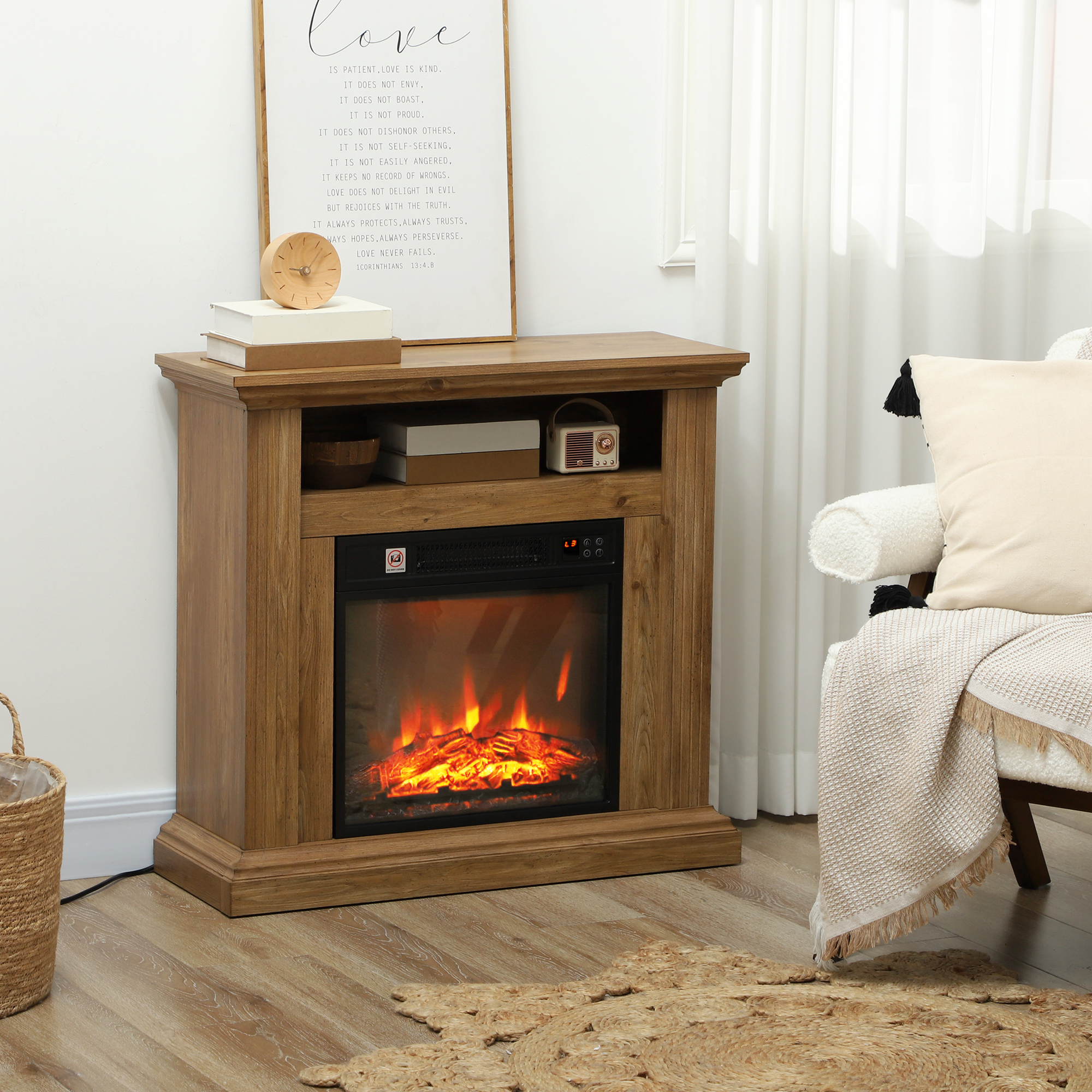 Elektrischer Standkamin Mit 3d-flammeneffekt Und Ablagefläche, 1800 W, Leiser Betrieb, Automatische Abschaltung, Thermostat, Einstellbare Heizleistung, Timer Und Fernbedienung, 30 M², Braun