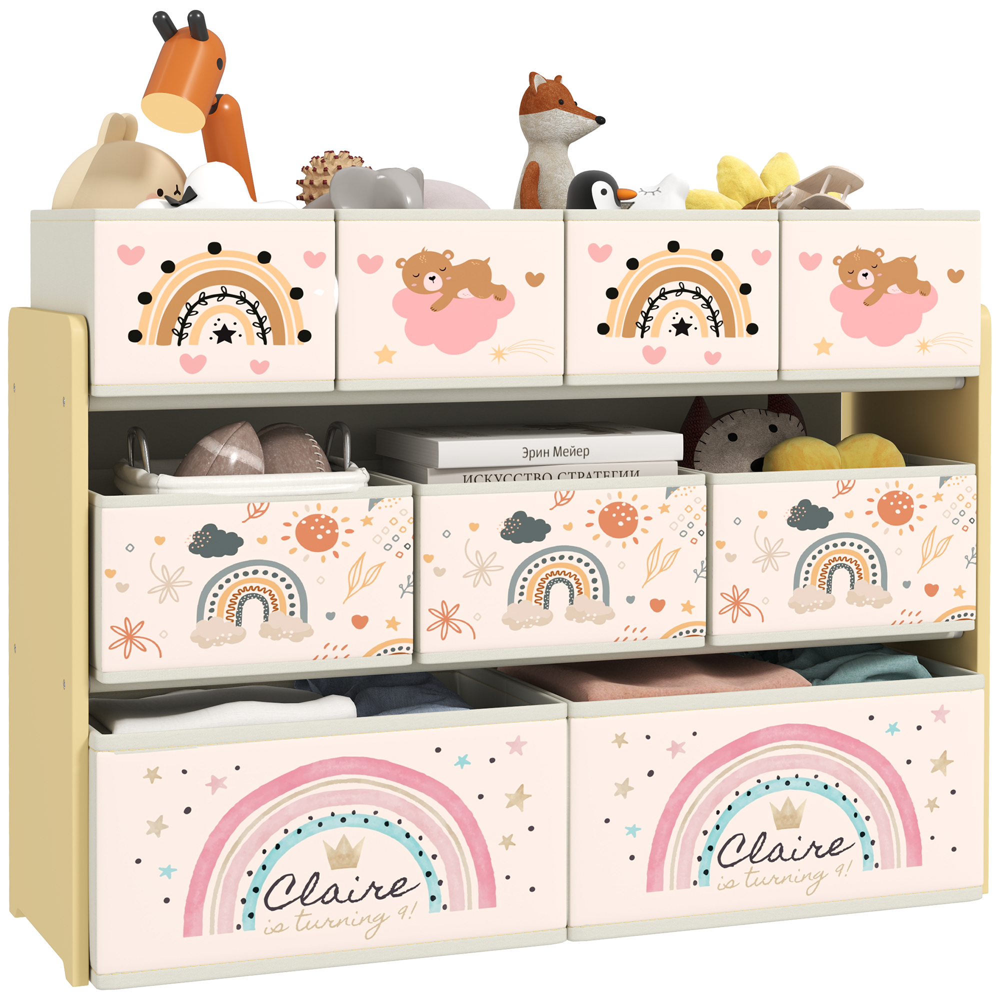 Kinderregal, 3-stöckig Mit 9 Boxen Aus Vliesstoff, 93 X 30 X 70 Cm, Gelb