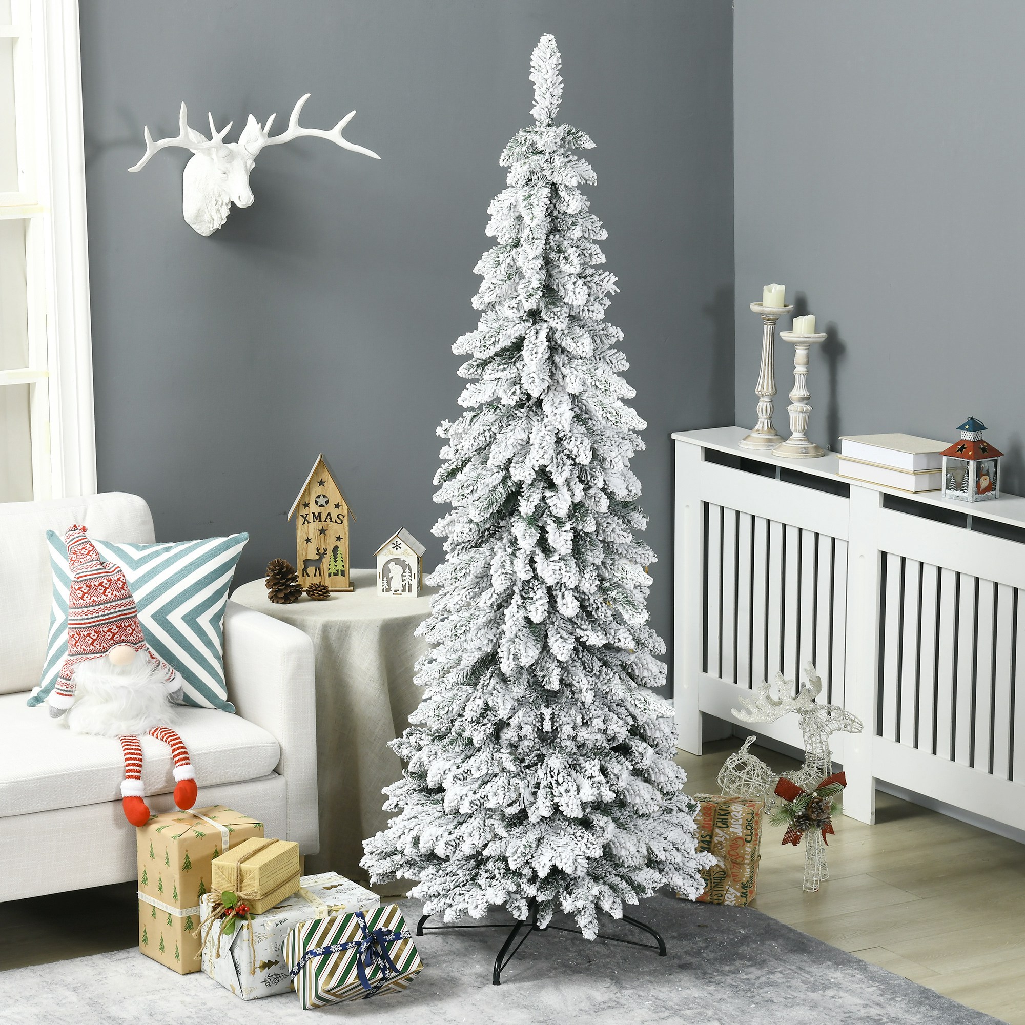 180 Cm Schlanker, Schneebedeckter Weihnachtsbaum Mit 523 Zweigen Und Stahlfuß, Hoher Und Schmaler Weihnachtsbaum Für Den Innenbereich