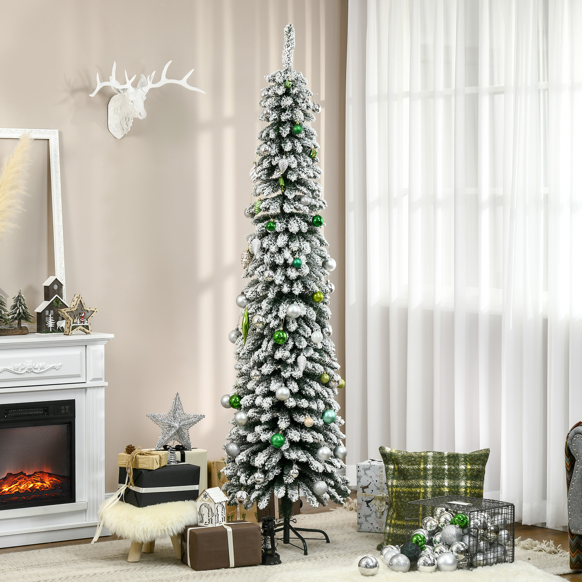 2,13 M Hoher, Künstlicher, Schneebedeckter Weihnachtsbaum, Schlanker Bleistiftbaum Mit 490 Realistischen Zweigen, Metallfuß, Grün