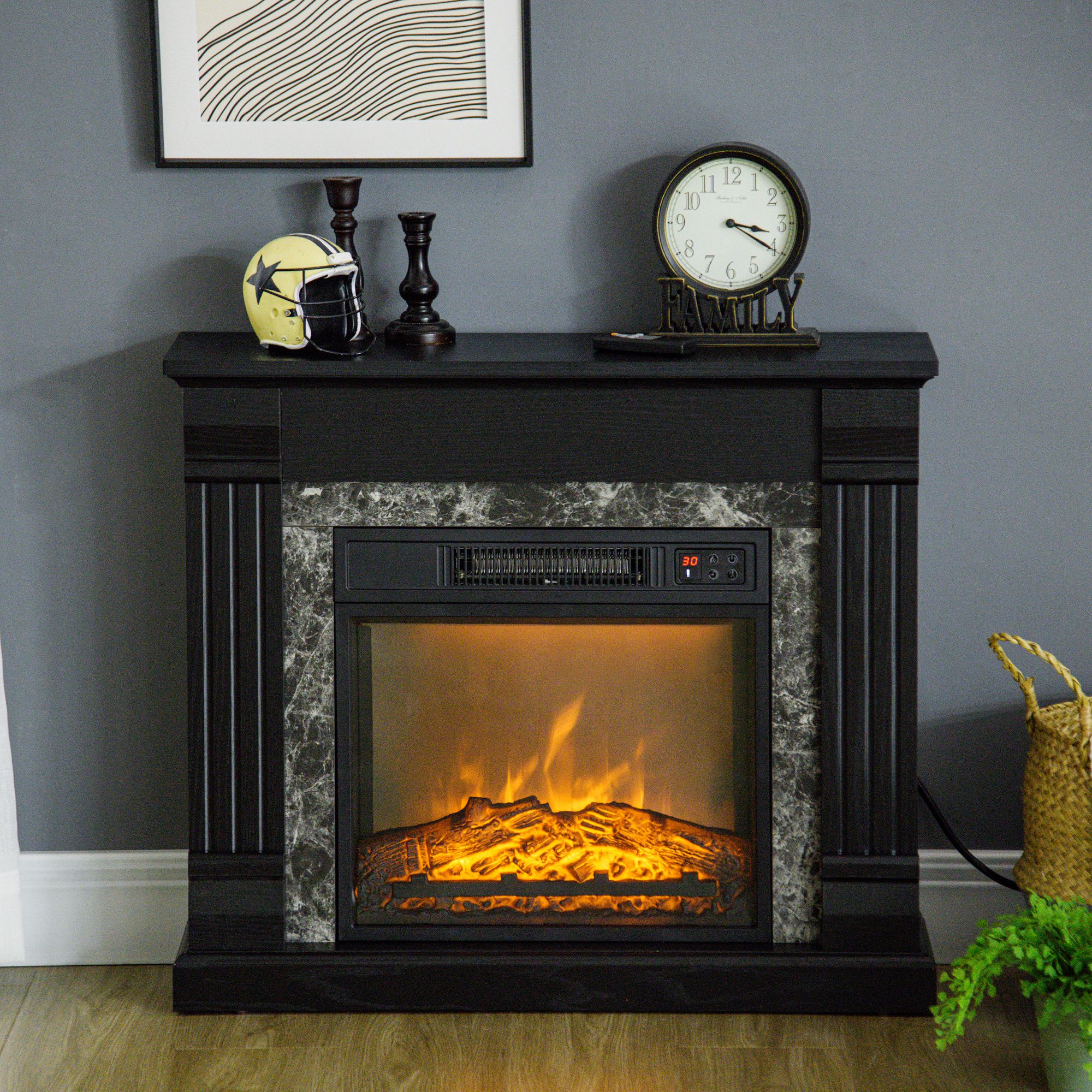 Elektrischer Kamin (1800 W), Dekorativer Kamin Mit Flammeneffekt, Fernbedienung, Timer, 80 X 21,6 X 67,8 Cm, Schwarz